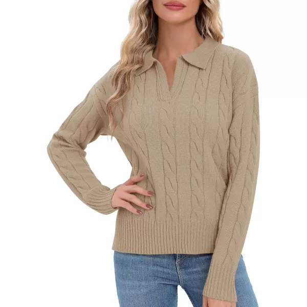 Urban CoCo Womens VNeck Knit Pullover Sweaters Lapel Collar Casual 2023 Fall Jumper TopsKahki