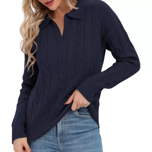 Urban CoCo Womens VNeck Knit Pullover Sweaters Lapel Collar Casual 2023 Fall Jumper TopsNavy Blue
