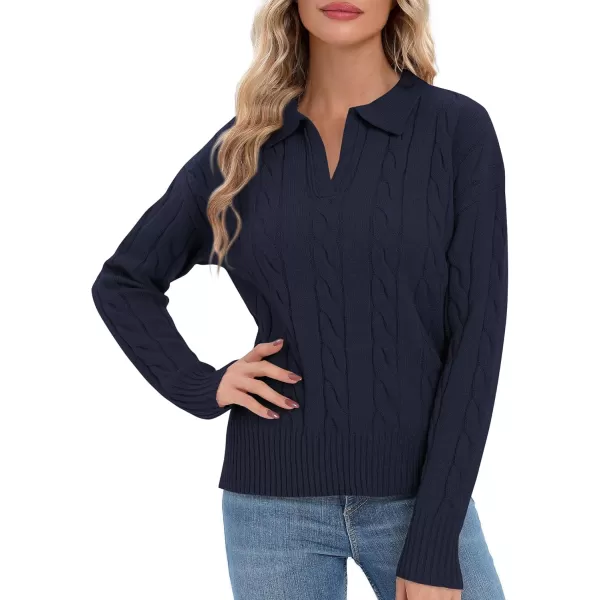 Urban CoCo Womens VNeck Knit Pullover Sweaters Lapel Collar Casual 2023 Fall Jumper TopsNavy Blue