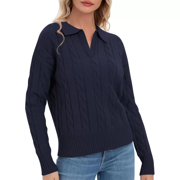 Urban CoCo Womens VNeck Knit Pullover Sweaters Lapel Collar Casual 2023 Fall Jumper TopsNavy Blue