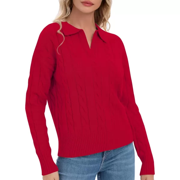 Urban CoCo Womens VNeck Knit Pullover Sweaters Lapel Collar Casual 2023 Fall Jumper TopsRed
