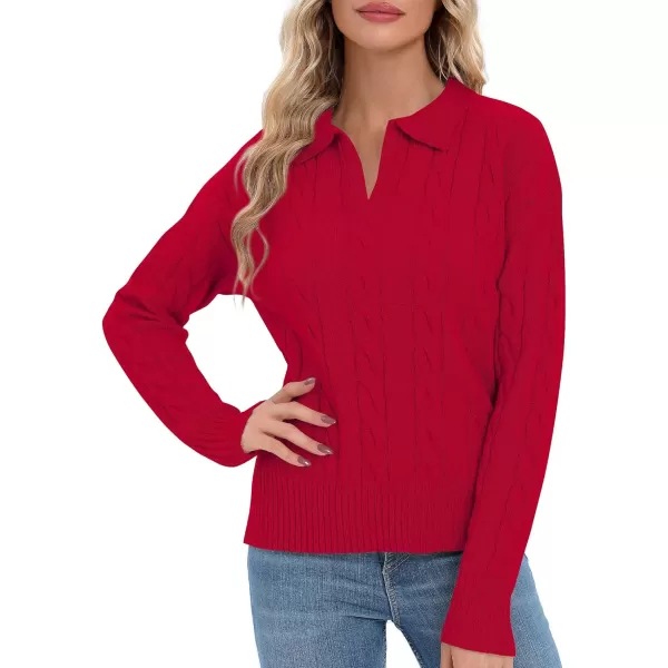 Urban CoCo Womens VNeck Knit Pullover Sweaters Lapel Collar Casual 2023 Fall Jumper TopsRed