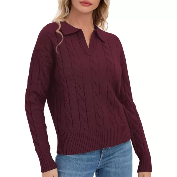 Urban CoCo Womens VNeck Knit Pullover Sweaters Lapel Collar Casual 2023 Fall Jumper TopsWine Red