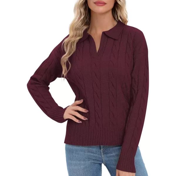 Urban CoCo Womens VNeck Knit Pullover Sweaters Lapel Collar Casual 2023 Fall Jumper TopsWine Red
