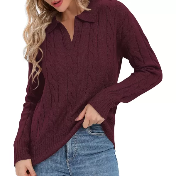 Urban CoCo Womens VNeck Knit Pullover Sweaters Lapel Collar Casual 2023 Fall Jumper TopsWine Red