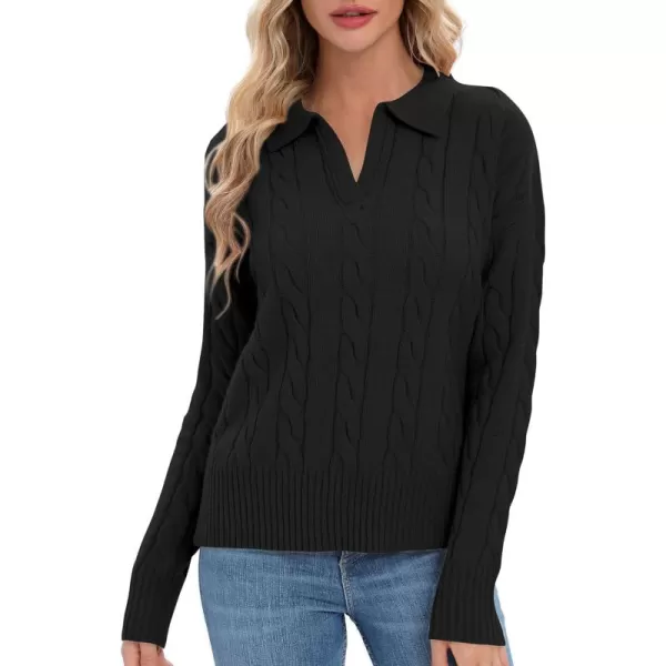 Urban CoCo Womens VNeck Knit Pullover Sweaters Lapel Collar Casual 2023 Fall Jumper TopsBlack