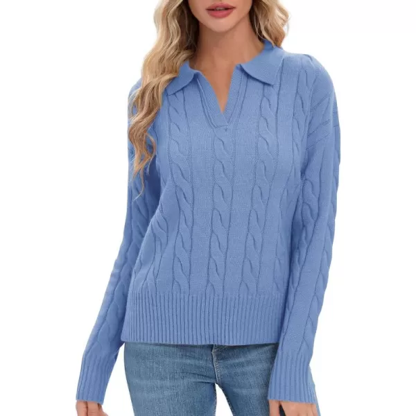Urban CoCo Womens VNeck Knit Pullover Sweaters Lapel Collar Casual 2023 Fall Jumper TopsBlue Heather