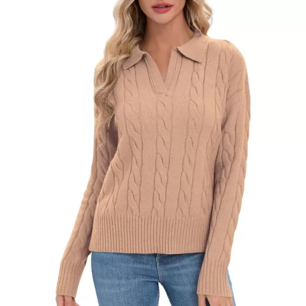 Urban CoCo Womens VNeck Knit Pullover Sweaters Lapel Collar Casual 2023 Fall Jumper TopsCamel