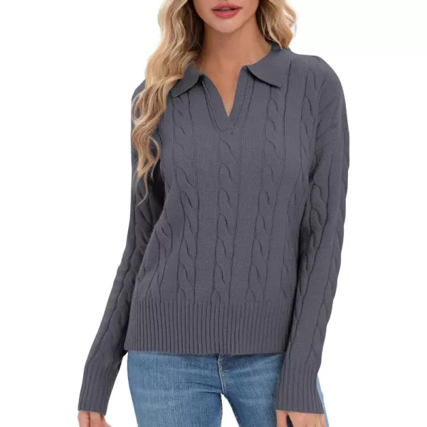Urban CoCo Womens VNeck Knit Pullover Sweaters Lapel Collar Casual 2023 Fall Jumper TopsDeep Grey