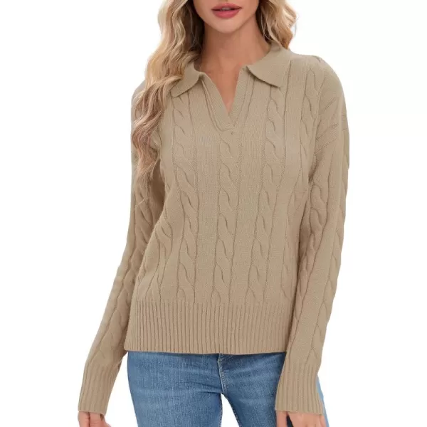 Urban CoCo Womens VNeck Knit Pullover Sweaters Lapel Collar Casual 2023 Fall Jumper TopsKahki