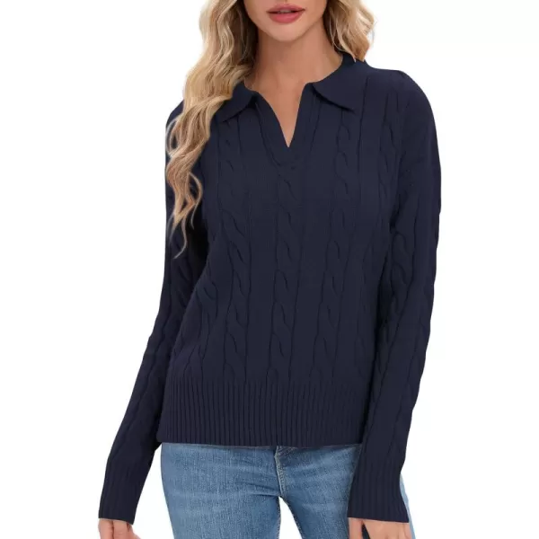Urban CoCo Womens VNeck Knit Pullover Sweaters Lapel Collar Casual 2023 Fall Jumper TopsNavy Blue