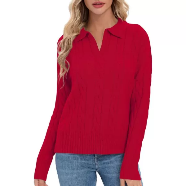 Urban CoCo Womens VNeck Knit Pullover Sweaters Lapel Collar Casual 2023 Fall Jumper TopsRed