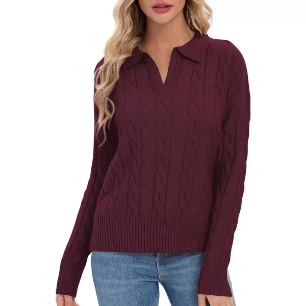 Urban CoCo Womens VNeck Knit Pullover Sweaters Lapel Collar Casual 2023 Fall Jumper TopsWine Red