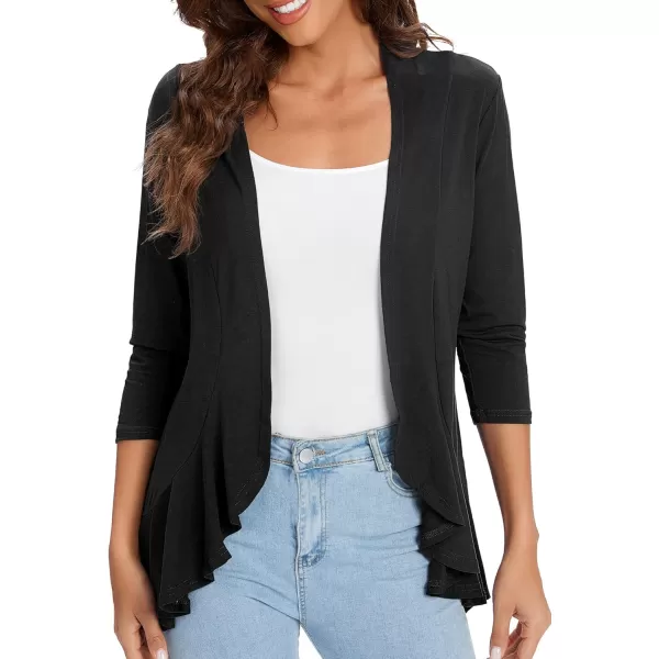 Urban CoCo Womens Casual Lightweight Open Front Cardigan Soft Draped Ruffles 34 SleeveBlack