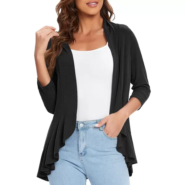Urban CoCo Womens Casual Lightweight Open Front Cardigan Soft Draped Ruffles 34 SleeveBlack