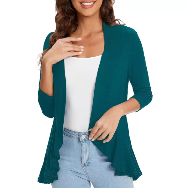 Urban CoCo Womens Casual Lightweight Open Front Cardigan Soft Draped Ruffles 34 SleeveDark Teal