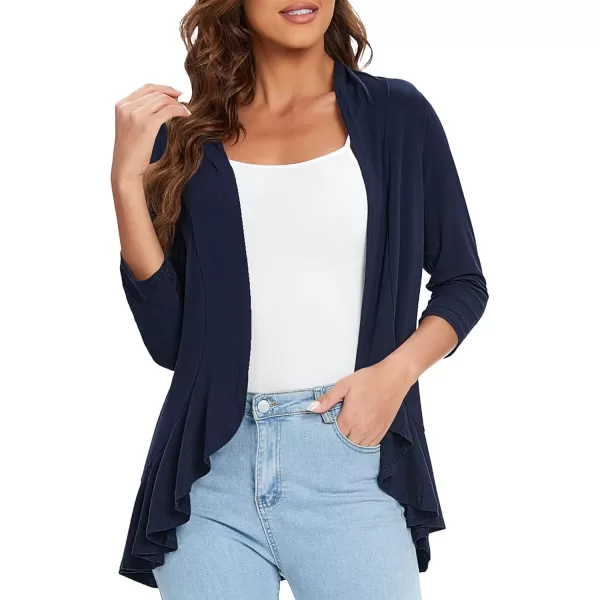 Urban CoCo Womens Casual Lightweight Open Front Cardigan Soft Draped Ruffles 34 SleeveNavy Blue