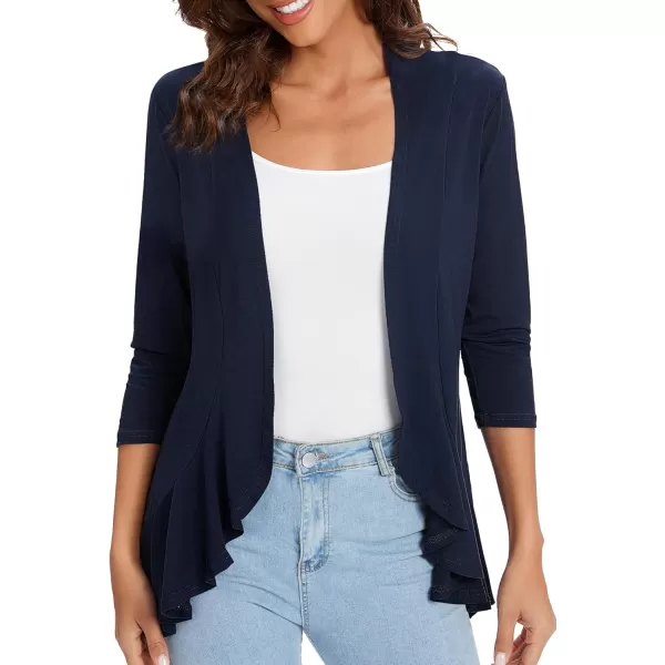 Urban CoCo Womens Casual Lightweight Open Front Cardigan Soft Draped Ruffles 34 SleeveNavy Blue
