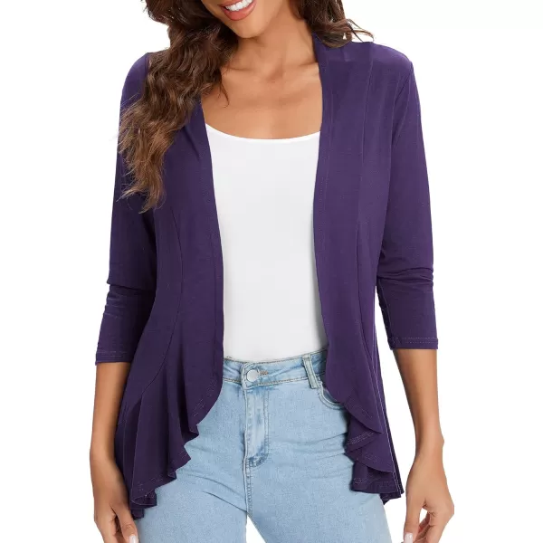 Urban CoCo Womens Casual Lightweight Open Front Cardigan Soft Draped Ruffles 34 SleevePurple