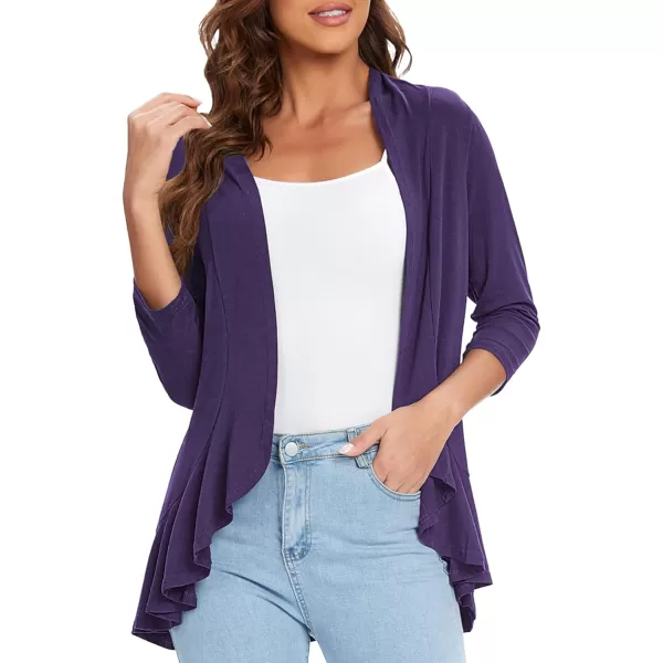Urban CoCo Womens Casual Lightweight Open Front Cardigan Soft Draped Ruffles 34 SleevePurple