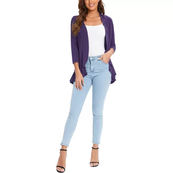 Urban CoCo Womens Casual Lightweight Open Front Cardigan Soft Draped Ruffles 34 SleevePurple