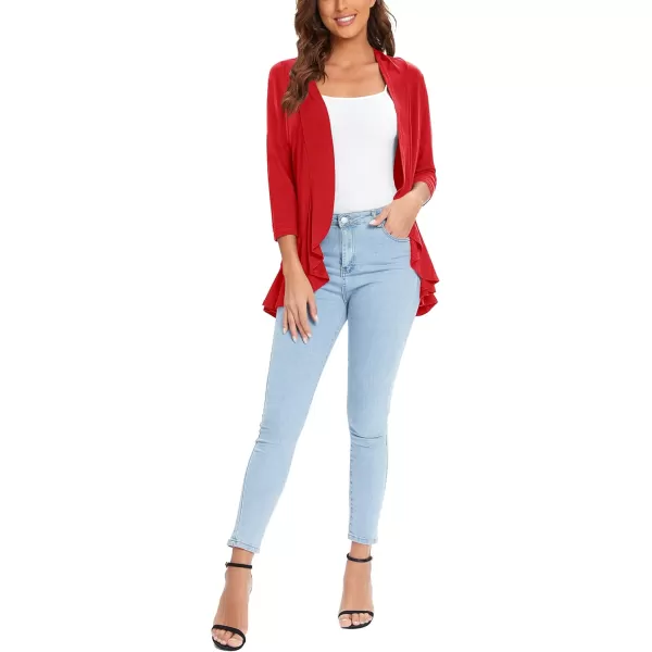 Urban CoCo Womens Casual Lightweight Open Front Cardigan Soft Draped Ruffles 34 SleeveRed