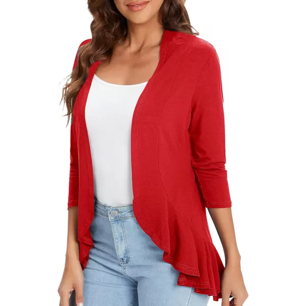 Urban CoCo Womens Casual Lightweight Open Front Cardigan Soft Draped Ruffles 34 SleeveRed