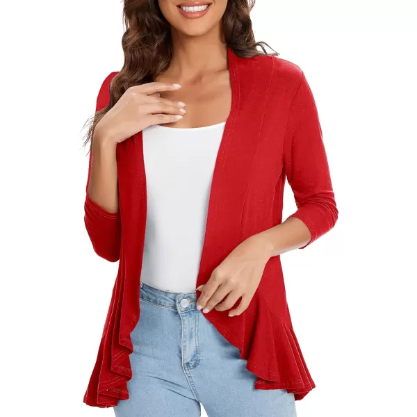 Urban CoCo Womens Casual Lightweight Open Front Cardigan Soft Draped Ruffles 34 SleeveRed