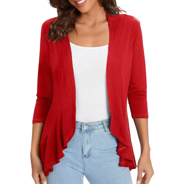 Urban CoCo Womens Casual Lightweight Open Front Cardigan Soft Draped Ruffles 34 SleeveRed