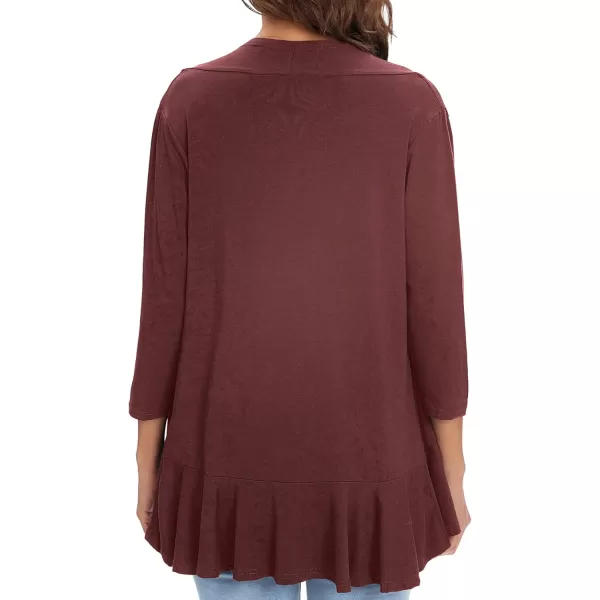 Urban CoCo Womens Casual Lightweight Open Front Cardigan Soft Draped Ruffles 34 SleeveWinds Or Wine