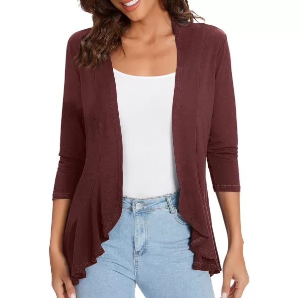 Urban CoCo Womens Casual Lightweight Open Front Cardigan Soft Draped Ruffles 34 SleeveWinds Or Wine