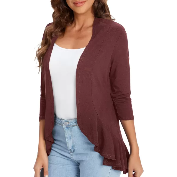 Urban CoCo Womens Casual Lightweight Open Front Cardigan Soft Draped Ruffles 34 SleeveWinds Or Wine