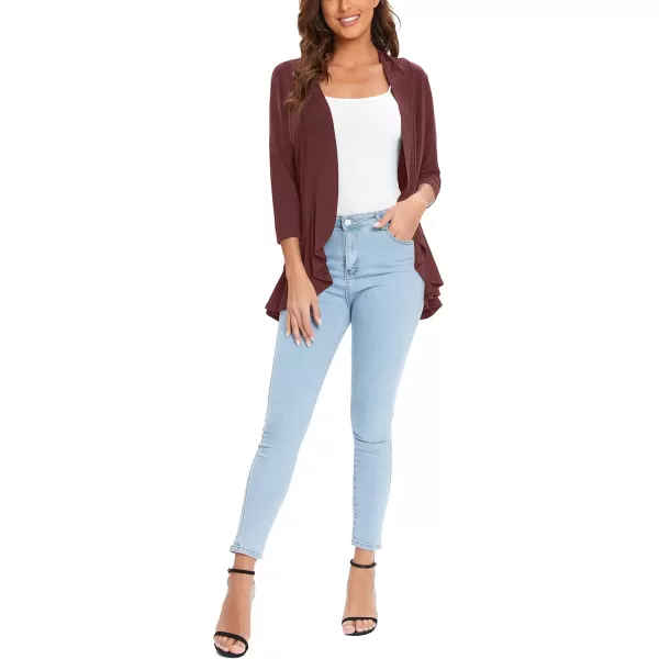 Urban CoCo Womens Casual Lightweight Open Front Cardigan Soft Draped Ruffles 34 SleeveWinds Or Wine