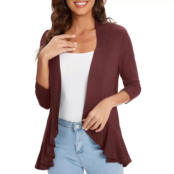 Urban CoCo Womens Casual Lightweight Open Front Cardigan Soft Draped Ruffles 34 SleeveWinds Or Wine