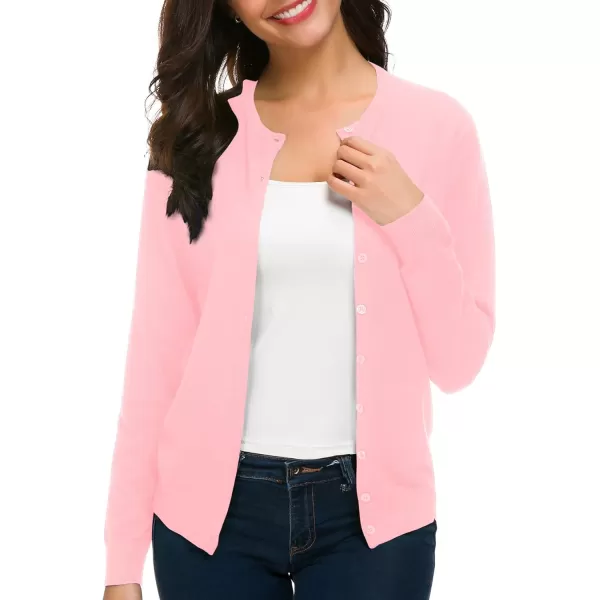 Urban CoCo Womens Long Sleeve Crew Neck Button Down Knit Cardigan SweaterPink
