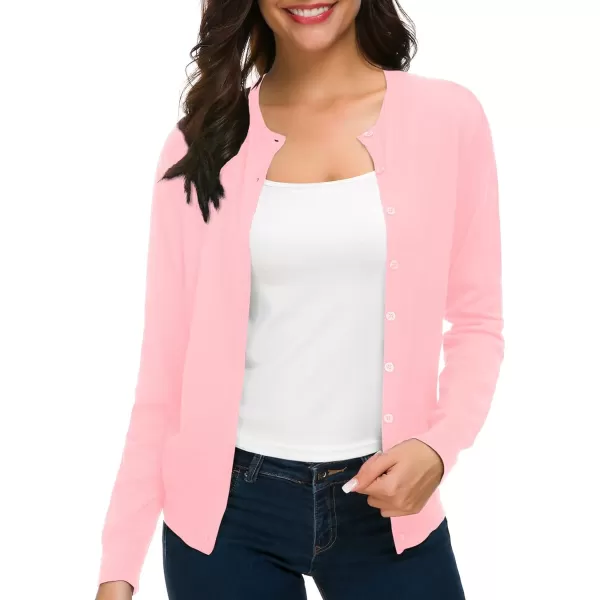 Urban CoCo Womens Long Sleeve Crew Neck Button Down Knit Cardigan SweaterPink