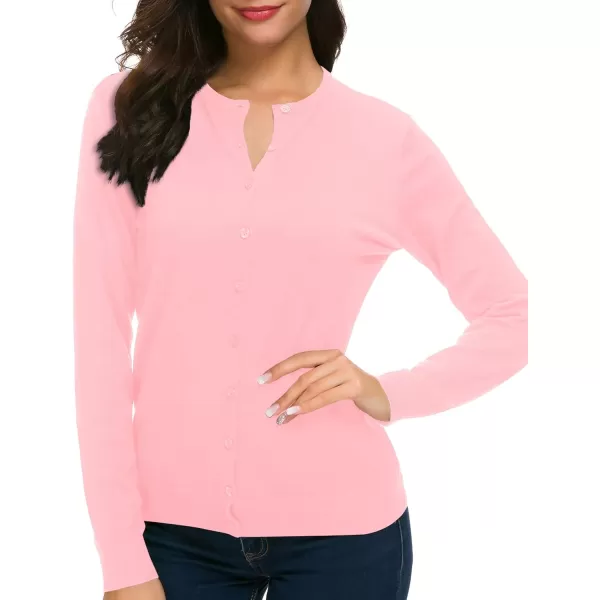 Urban CoCo Womens Long Sleeve Crew Neck Button Down Knit Cardigan SweaterPink