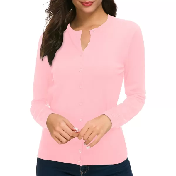 Urban CoCo Womens Long Sleeve Crew Neck Button Down Knit Cardigan SweaterPink