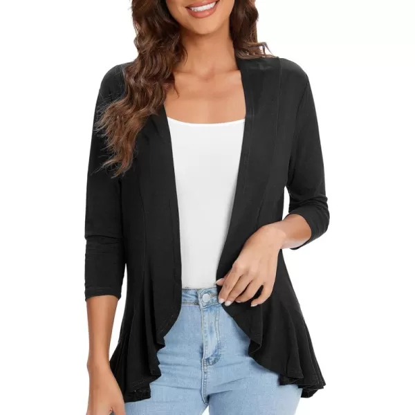 Urban CoCo Womens Casual Lightweight Open Front Cardigan Soft Draped Ruffles 34 SleeveBlack