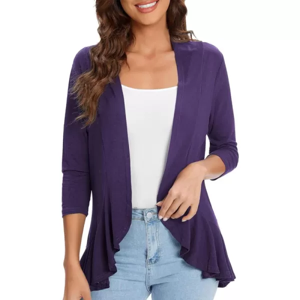 Urban CoCo Womens Casual Lightweight Open Front Cardigan Soft Draped Ruffles 34 SleevePurple