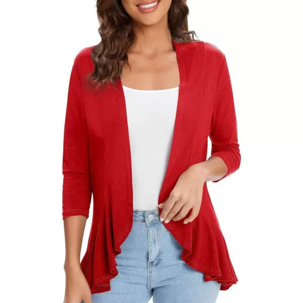 Urban CoCo Womens Casual Lightweight Open Front Cardigan Soft Draped Ruffles 34 SleeveRed