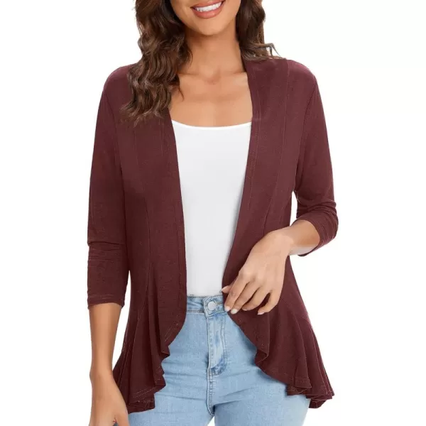 Urban CoCo Womens Casual Lightweight Open Front Cardigan Soft Draped Ruffles 34 SleeveWinds Or Wine