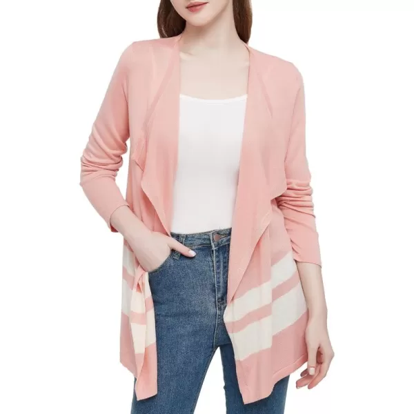 Urban CoCo Womens Lightweight Long Sleeve Irregular Open Front Cardigan Striped Knit SweatersPink