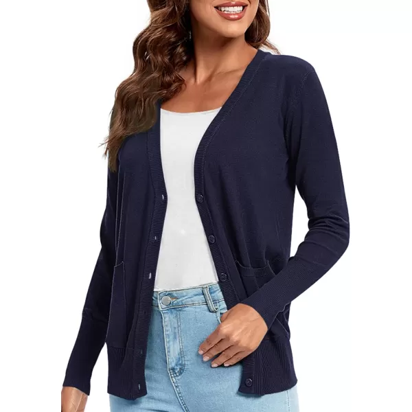 Urban CoCo Womens Lightweight Long Sleeve Knit Dressy Cardigan with Pockets Button Down Sweater BlazersNavy