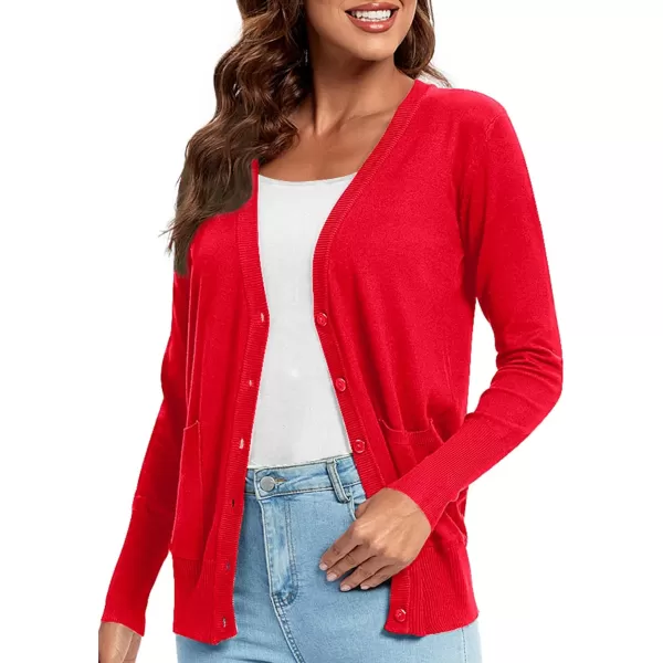 Urban CoCo Womens Lightweight Long Sleeve Knit Dressy Cardigan with Pockets Button Down Sweater BlazersRed