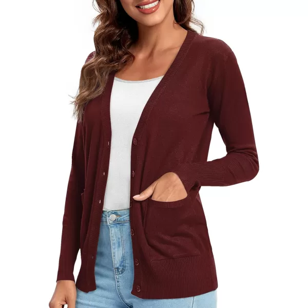 Urban CoCo Womens Lightweight Long Sleeve Knit Dressy Cardigan with Pockets Button Down Sweater BlazersWine Red