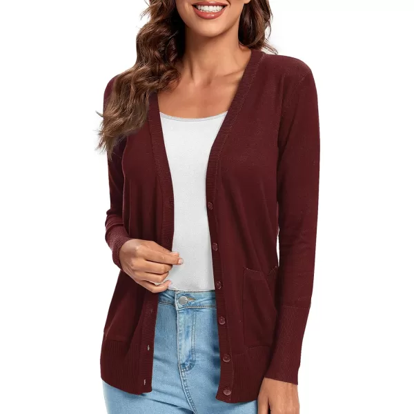 Urban CoCo Womens Lightweight Long Sleeve Knit Dressy Cardigan with Pockets Button Down Sweater BlazersWine Red