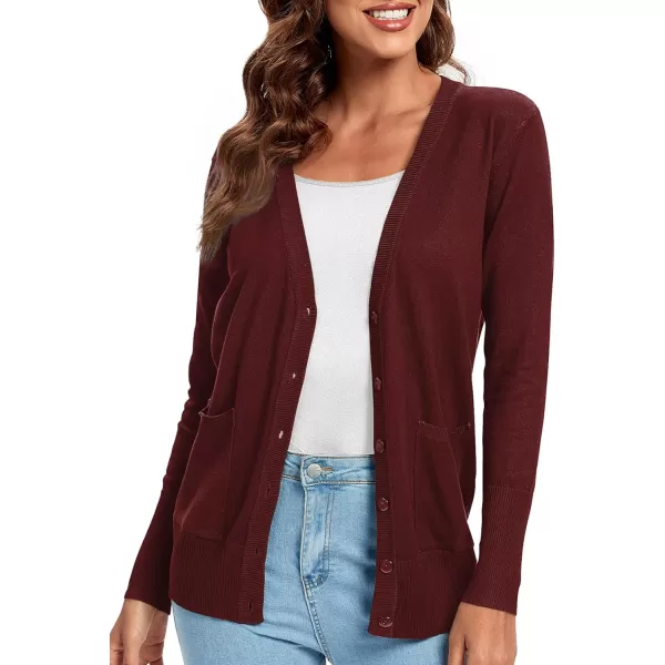 Urban CoCo Womens Lightweight Long Sleeve Knit Dressy Cardigan with Pockets Button Down Sweater BlazersWine Red