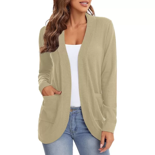 Urban CoCo Womens Long Sleeve Knit Sweater Cardigans Curved Hem Open Front with PocketsApricot