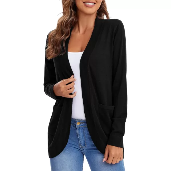 Urban CoCo Womens Long Sleeve Knit Sweater Cardigans Curved Hem Open Front with PocketsBlack
